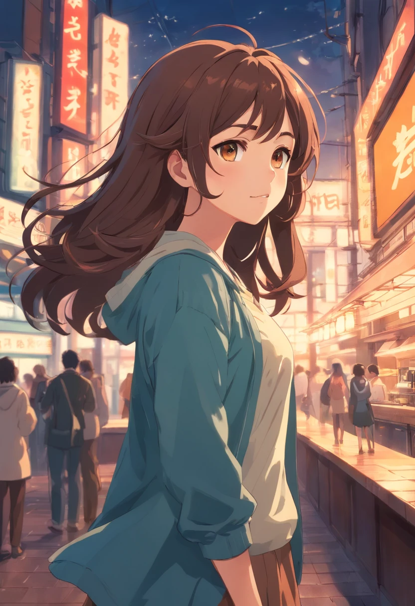 masterpiece, best quality, movie still, 1girl, solo, brown hair, long hair, curly hair, hazel eyes, caucasian, decent bust, cute, full body