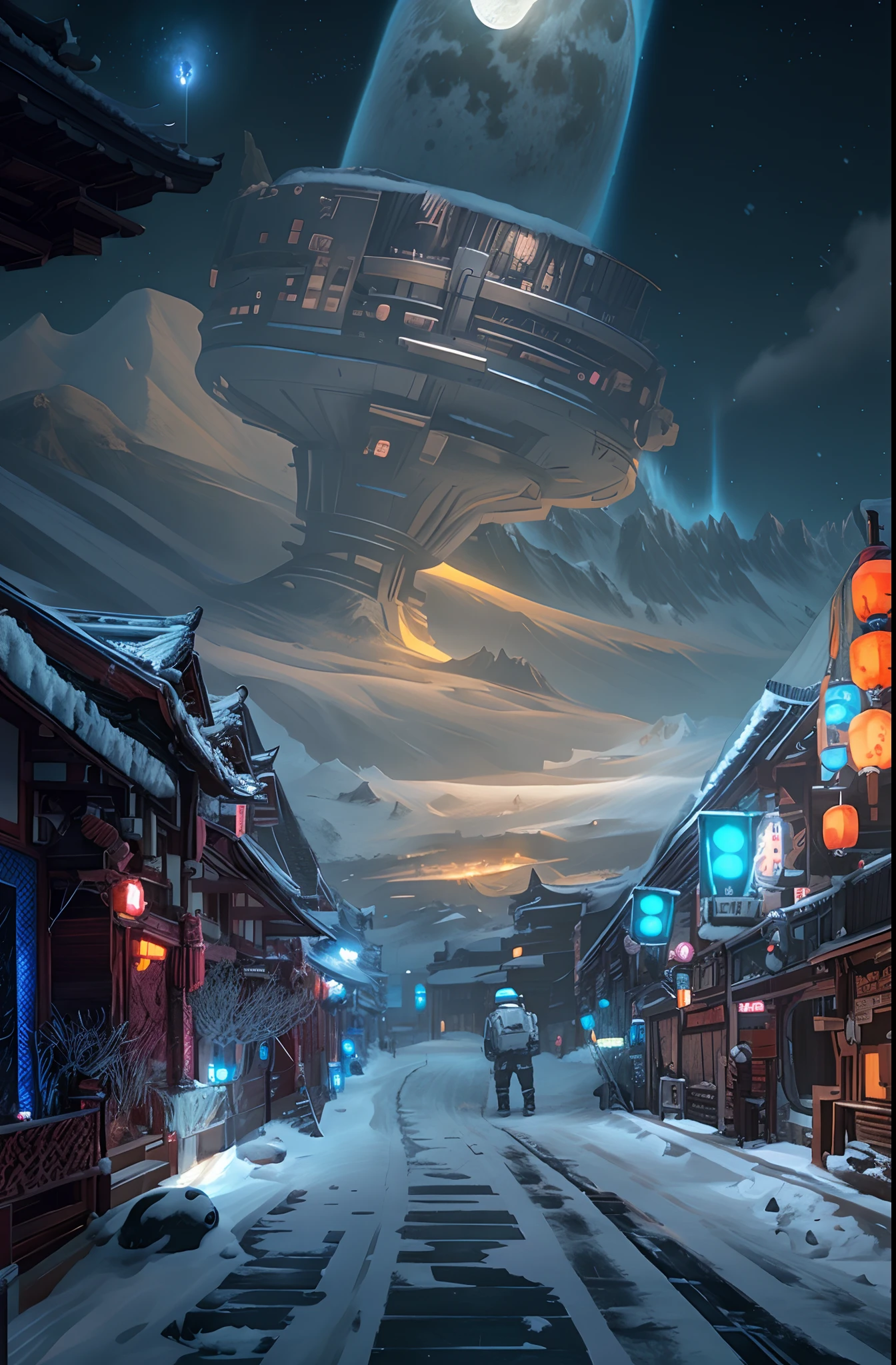sci-fy，Moon，snow mountains，sense of science and technology，makina，conceptual drawing, cyber punk style,Concept art for the game, Lanterns，The sky is snowing，stray，The astronaut，pandas，Original Drawing，lamplight，Back shadow，snow mountains，Chinese architecture，High-precision illustration，SENSE OF CINEMA，the detail