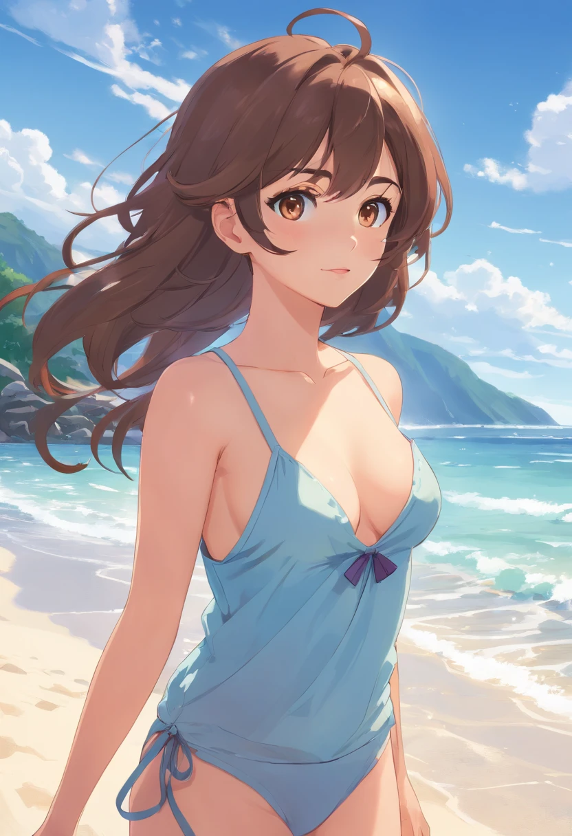 masterpiece, best quality, movie still, 1girl, solo, brown hair, long hair, curly hair, hazel eyes, caucasian, decent bust, cute, full body, bikini, beach