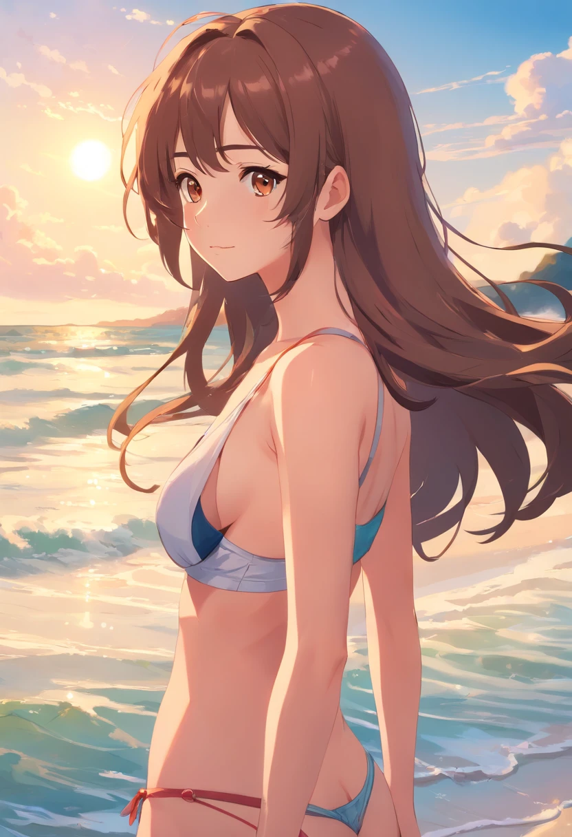 masterpiece, best quality, movie still, 1girl, solo, brown hair, long hair, curly hair, hazel eyes, caucasian, decent bust, cute, full body, bikini, beach