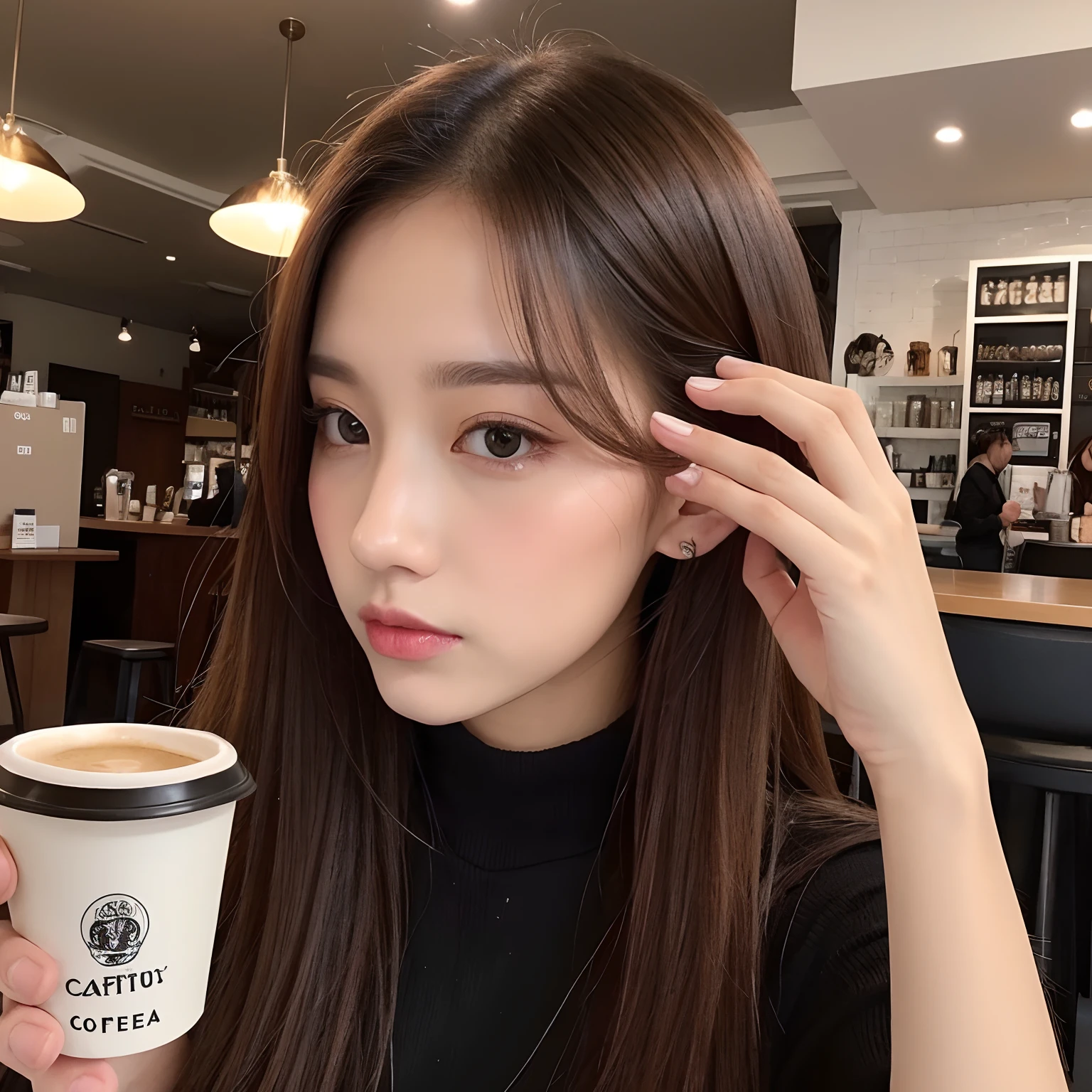 a beauty girl、cafes、drinking a cup of coffee