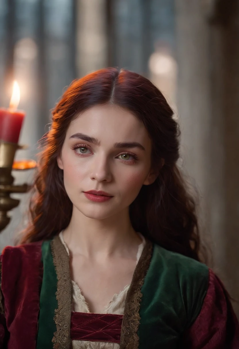 (((A deep red wound streaked across her left cheek))) Fair complexion, A woman around 19 years old, Natural gray hair, Unique green eyes, Wear Cole, Slender and graceful, Beautiful, Candlelight in a medieval setting, super sharp focus, realistic lens, Medieval women's clothing, Four colors (Scar:1.4)