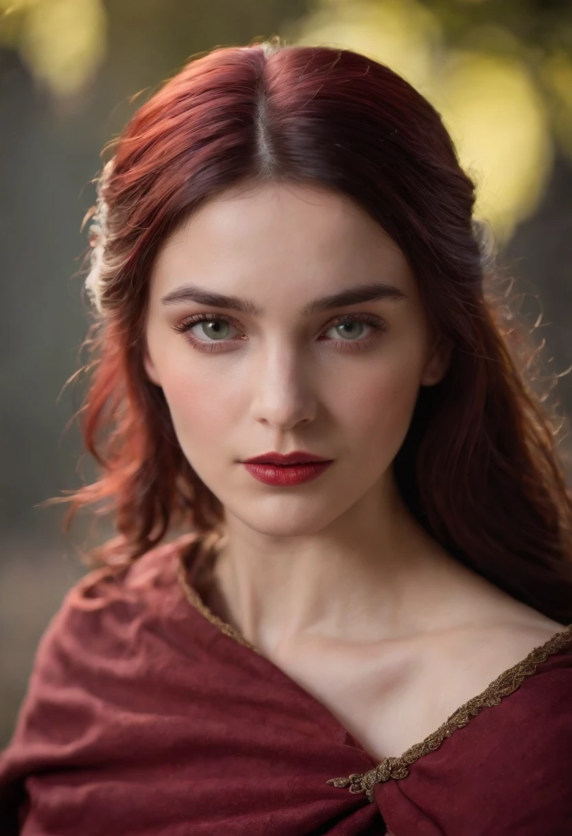 A woman with red hair and a red dress is posing for a picture - SeaArt AI