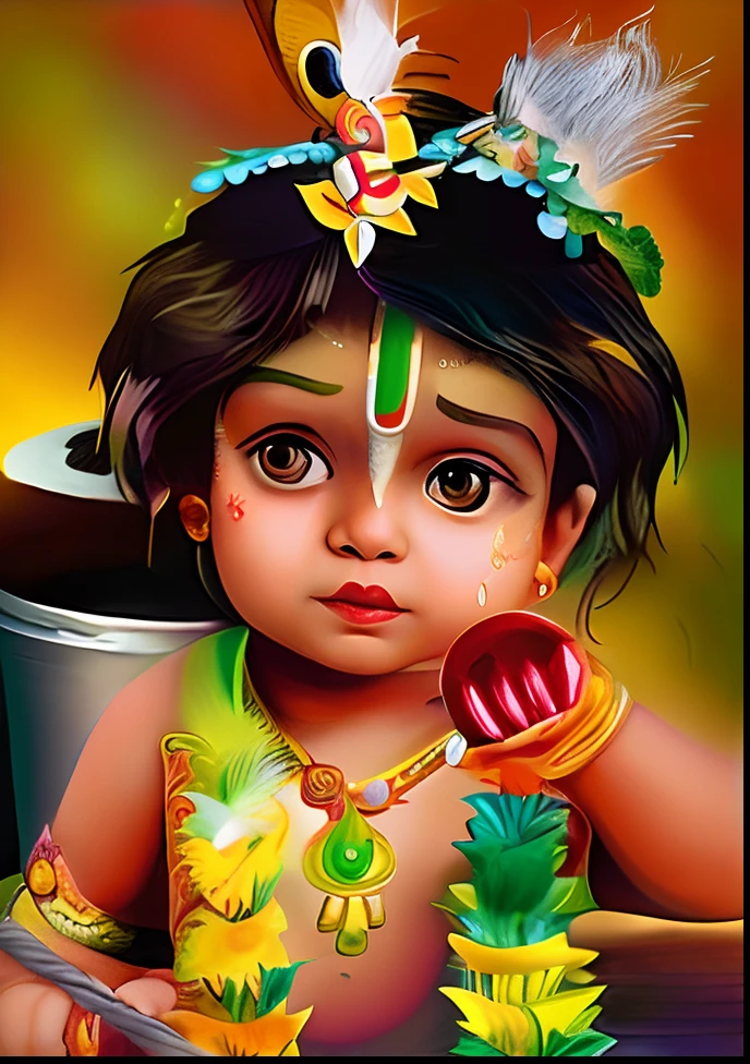 painting of a  with a feathered headband and a pot, indian god, hindu god, cute boy, adorable digital painting, by Jitish Kallat, hindu art, vishnu, trending on devian art, devainart, by Thota Vaikuntham, fanart, serene expression, ayan nag, by Saurabh Jethani, sweet