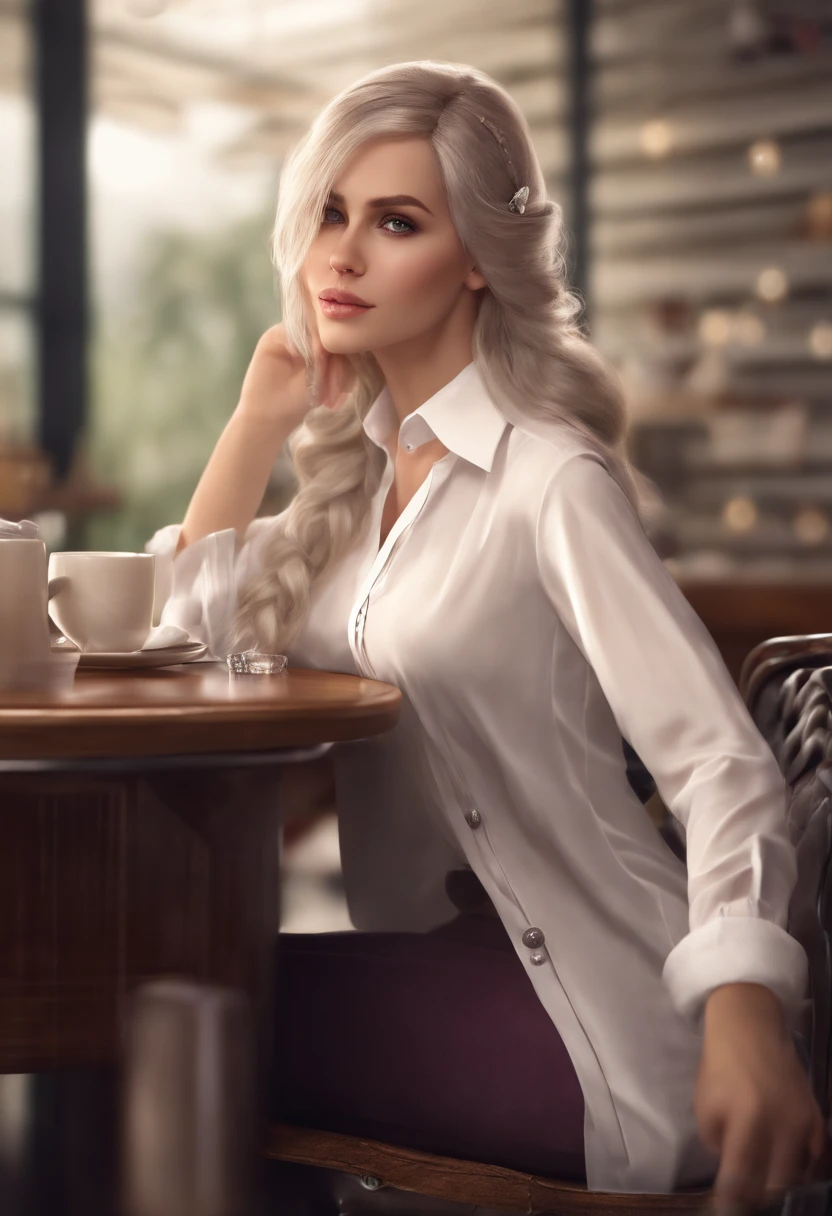 At best...., high-detail, master-piece, ultra-detail, (Realistic:1.2), 1girls, ( Cafe Background),, delicate eyes, silver-haired, purple eyes, Hair ornaments, (Clear Buttons White Tight Office Shirt:1.3),Hair length, light_ear, diadem_braid, expressionless, straight hair, (++ Seated: 1.2), large boobs,lifelike,soft colors,Wear glasses