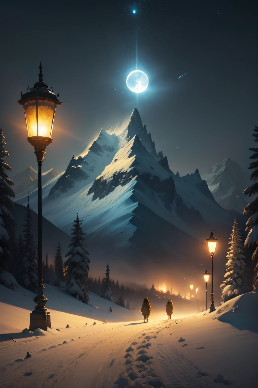 Moon,sense of science and technology,droid,conceptual drawing, ,Concept art for the game,,Wandering original painting,lamplight,snow mountains,High-precision illustration,SENSE OF CINEMA,the detail,The main color is yellow