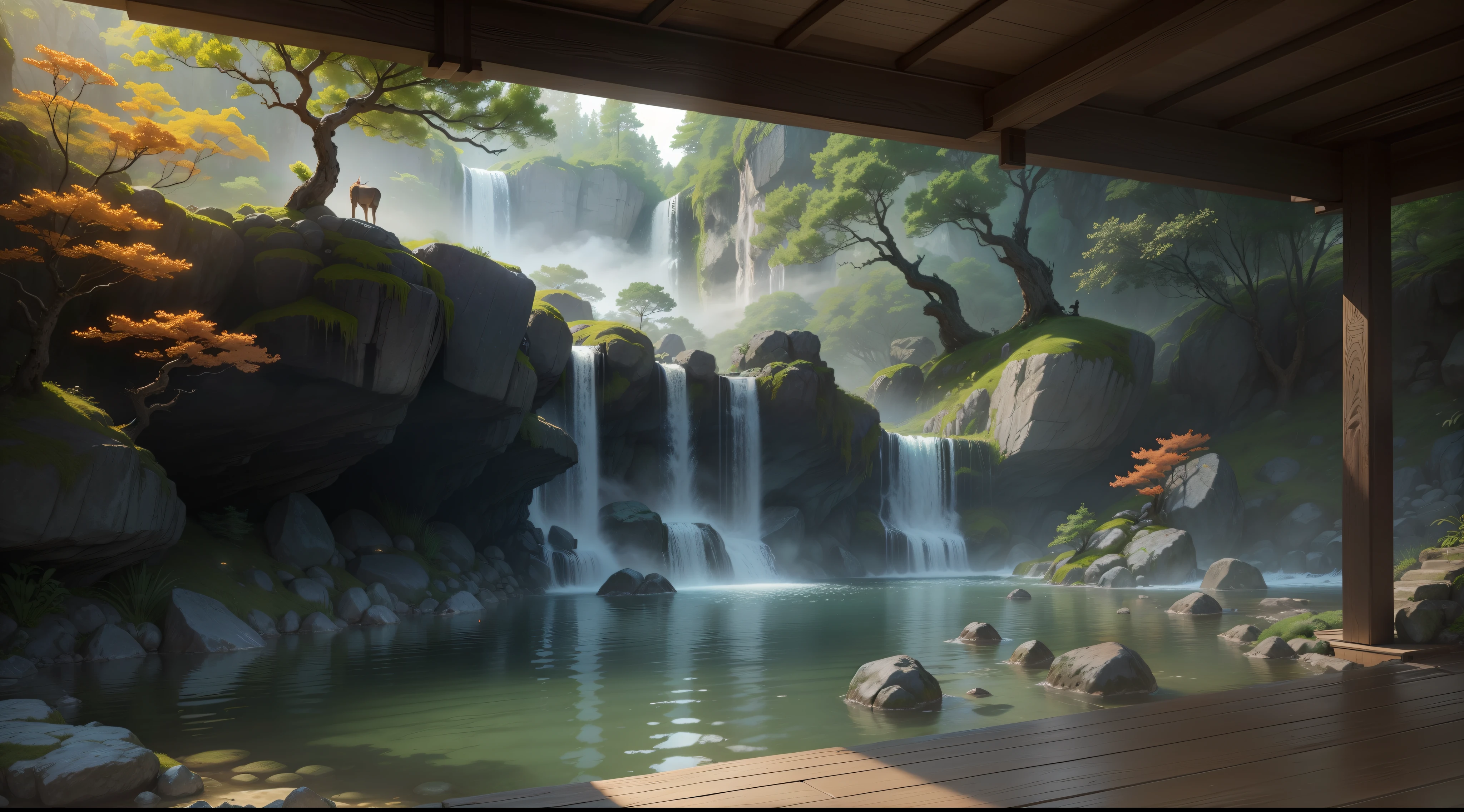 korean ancient times, korea traditional house, spring, jungle, lake, cave, waterfall, tree, meadow, rock, deer, hot spring, water vapor, night(illustration: 1.0), epic composition, realistic lighting, HD details, masterpiece, best quality, (very detailed CG unified 8k wallpaper)