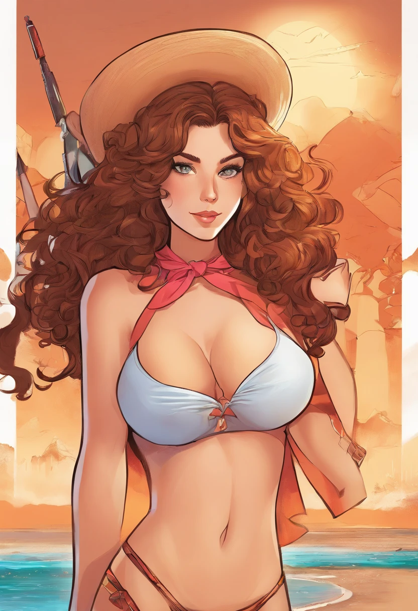 masterpiece, best quality, 1girl, solo, brown hair, long hair, curly hair, hazel eyes, caucasian, decent bust, cute, full body, bikini, beach