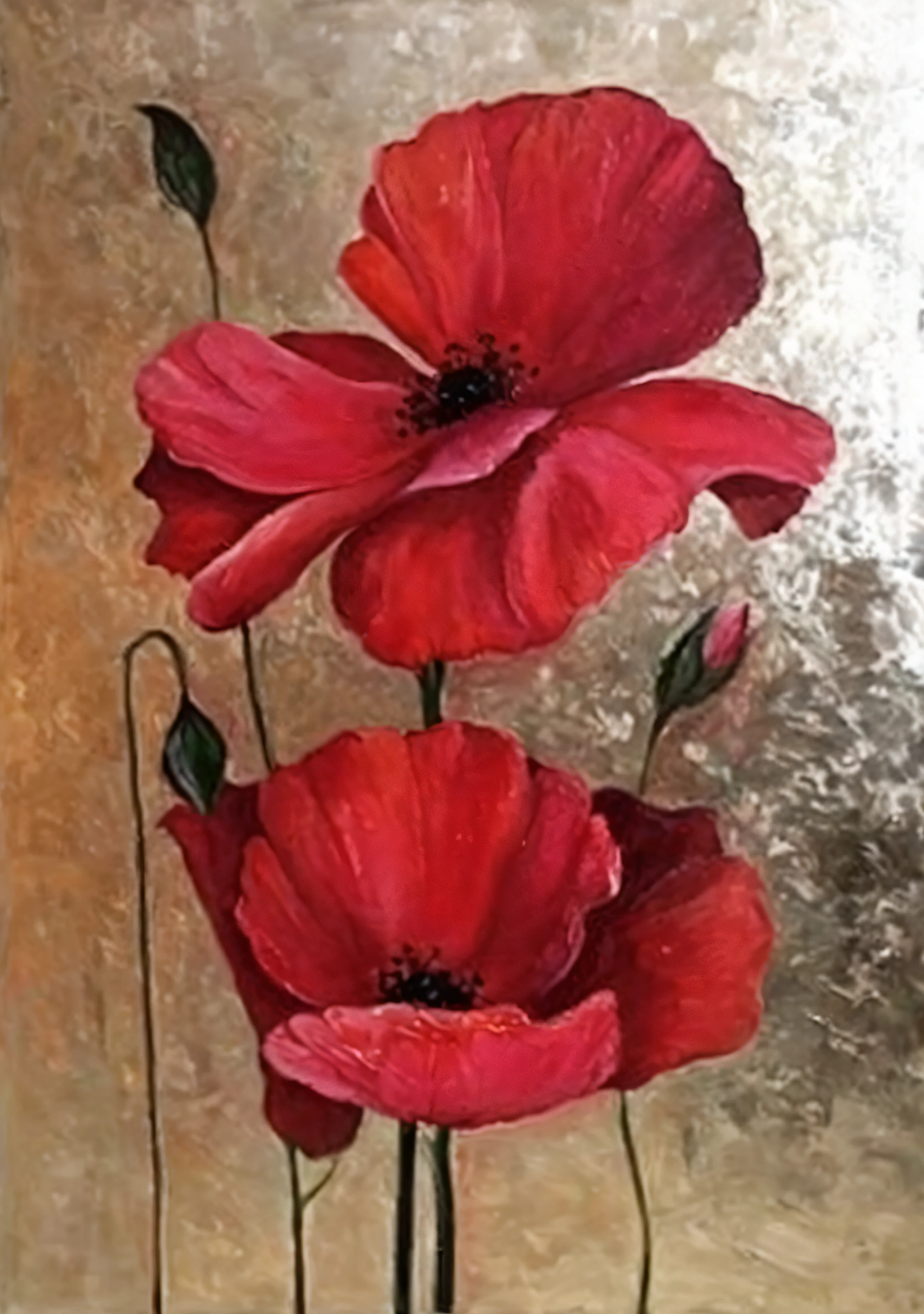 uma pintura de flores vermelhas em um fundo branco, realistic flowers oil painting, flores vermelhas, papoilas vermelhas, elegant oil painting, smooth oil painting, vibe de flores vermelhas celestiais, ntricate oil painting, Papoilas, flores em flocos de ouro, flor vermelha, pintura elegante e refinada, Directed by: Zelma Blakely, Directed by: Wen Boren, oil painting style