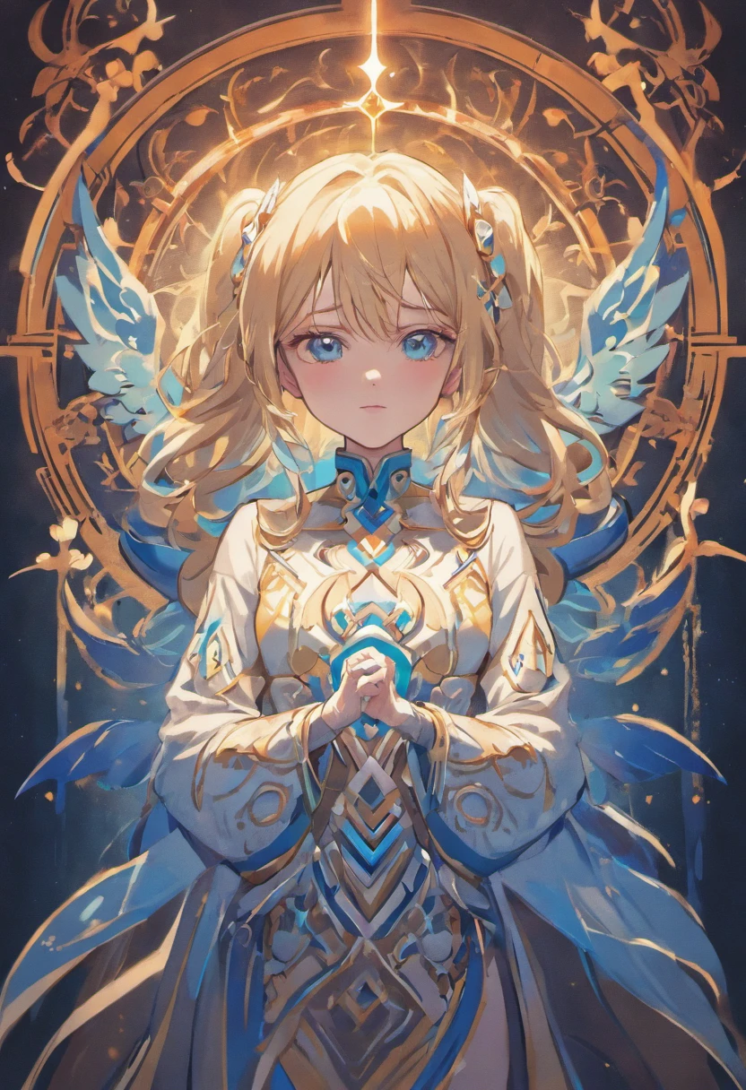 White woman，Exquisite facial features，perfect bodies，Close-up of logo on dark background with blue light, infinity glyph, Leviathan Cross,  ancient symbol behind it, symmetric concept art, labyrinths of,Behind the floating symbol, Ouroboros, Sacred exhibition, ,There are silver runes on the body, symetry!! concept-art, stellar, symmetrical logo