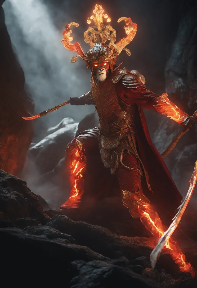 Imagine a white DC Flash outfit,Jacket covers uniform。In a gloomy cave,The Mechanical Monkey King and the Horror、Ghostly white bone spirit fighting。