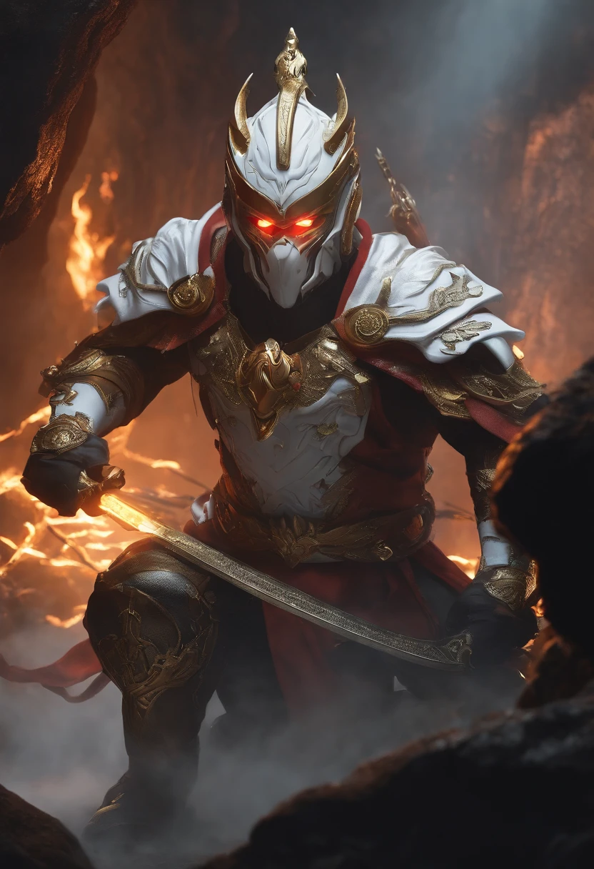 Imagine a white DC Flash outfit,Jacket covers uniform。In a gloomy cave,The Mechanical Monkey King and the Horror、Ghostly white bone spirit fighting。