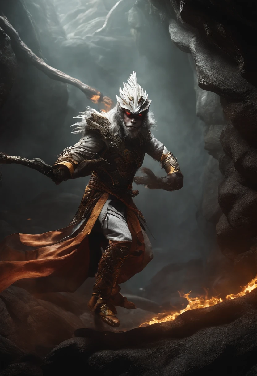 Imagine a white DC Flash outfit,Jacket covers uniform。In a gloomy cave,The Mechanical Monkey King and the Horror、Ghostly white bone spirit fighting。