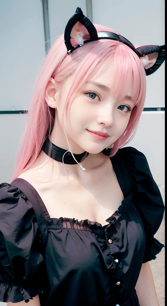 (ultra-detailliert), Frontal Face,head shot, Front view,Cute princess dresses in black,(frilly dress),(shortsleeves),Blue eyes,The upper part of the body、cowboy shot、faces、(A smile:1.5),(facing front:1.2), 20yr old, s girl,no tail,(no tail),2D, masterpiece, top-quality, animesque, A detailed eye, A detailed face, girl with, Only 1 person,Medium hair with pink hair, (Pink hair), small tits, straight haired、 Stand at the intersection、(No headband)、No ears