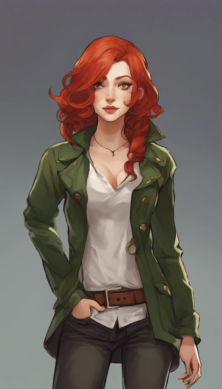 A woman with short, red hair and white tips. She has brown eyes and is wearing black lipstick. She has a slim body and is dressed in a green jacket and jeans.