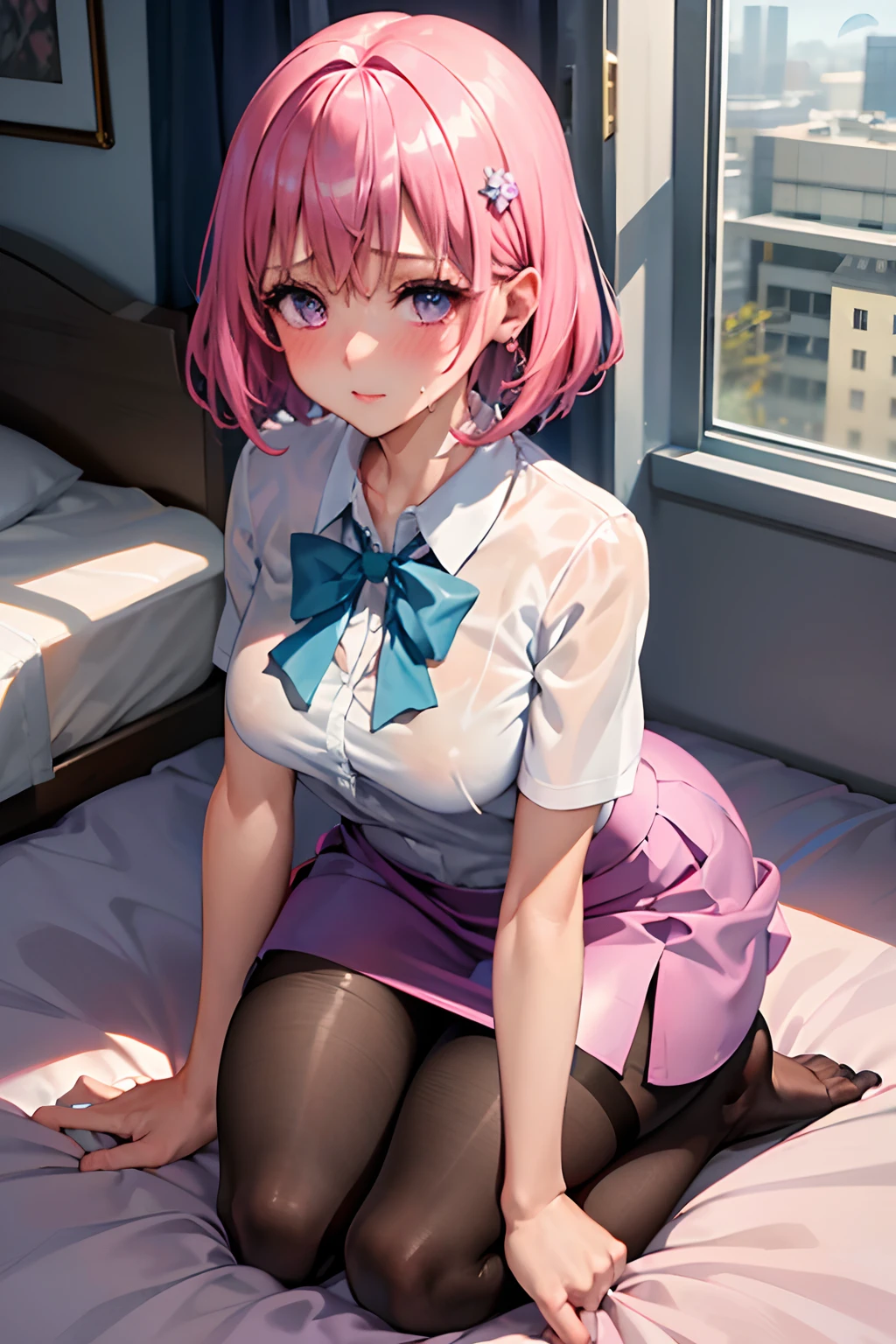 (top-quality:1.1), (masterpiece:1.4), (absurderes:1.0), portlate, a closeup,
1girl in、Momovelia Deviluk、hair adornments、bob cuts、Shorthair pink hair、a purple eye、Medium chest、((Wet blouse))、looking at the viewers、Bedroom、(red blush:1.2)、embarassed expression、((pantyhose))、on the beds、((all-fours))、((tight skirts))、((Office Worker))