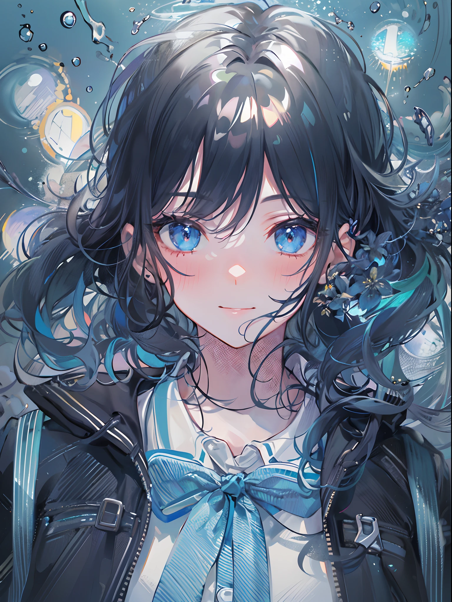 ((top-quality)), ((masterpiece)), ((ultra-detailliert)), (extremely delicate and beautiful), girl with, 独奏, cold attitude,((Black jacket)),She is very(relax)with the(Settled down)Looks,A dark-haired, depth of fields,evil smile,Bubble, under the water, Air bubble,bright light blue eyes,Inner color with black hair and light blue tips,Cold background,Bob Hair - Linear Art, shortpants、knee high socks、White uniform like school uniform、Light blue ribbon ties、Clothes are sheer、Hands in pockets、Ponytail hair