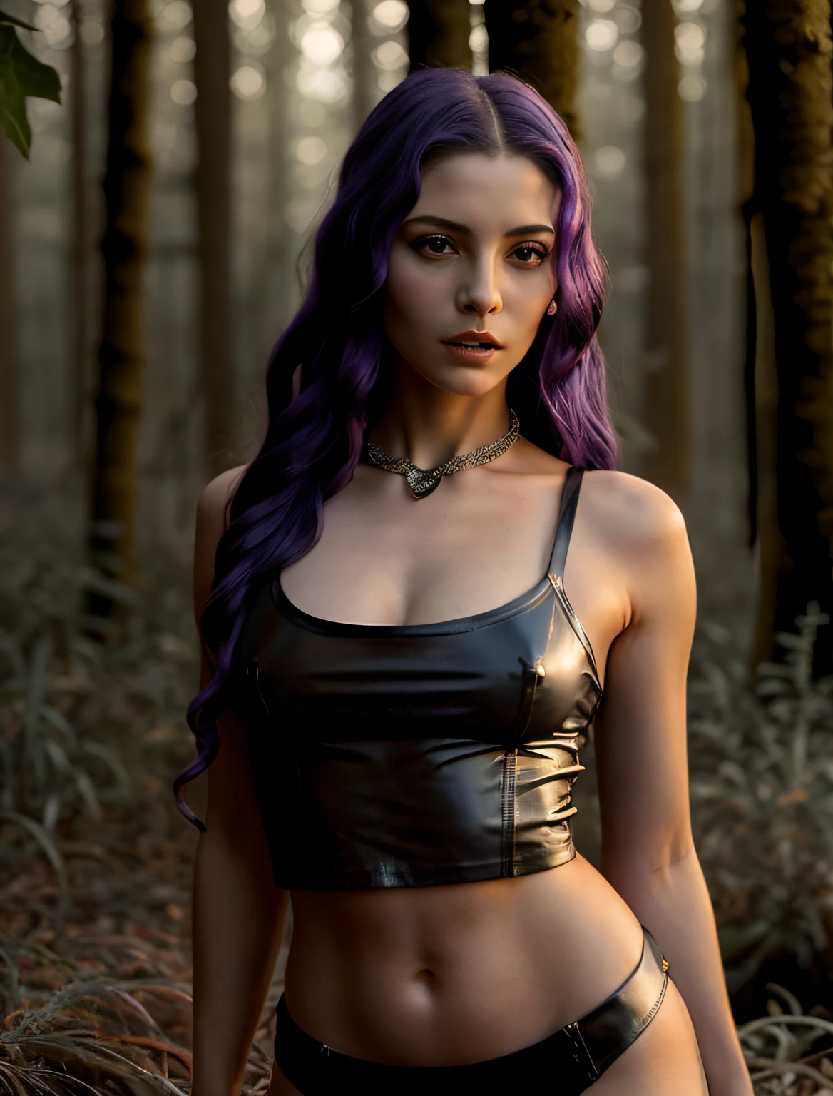 half body length high resolution award winning photograph of medusa the gorgon, black snakes for short hair, snake heads hissing, beautiful face, perfect face, well formed facial features, damp grey sliver skin tone, lilac eyes, clear transparent see through crop top, small breasts, perfectly formed breasts, leather loincloth, in a dark forest, night, moonlight, low light, elaborate jewels around the neck, erotic, cinematic look, short depth of field, low contrast, low light, muted colours, twilight, accurate face, high quality detail facial features, accurate hands, accurate feet, gothic, rgb, rave, led
