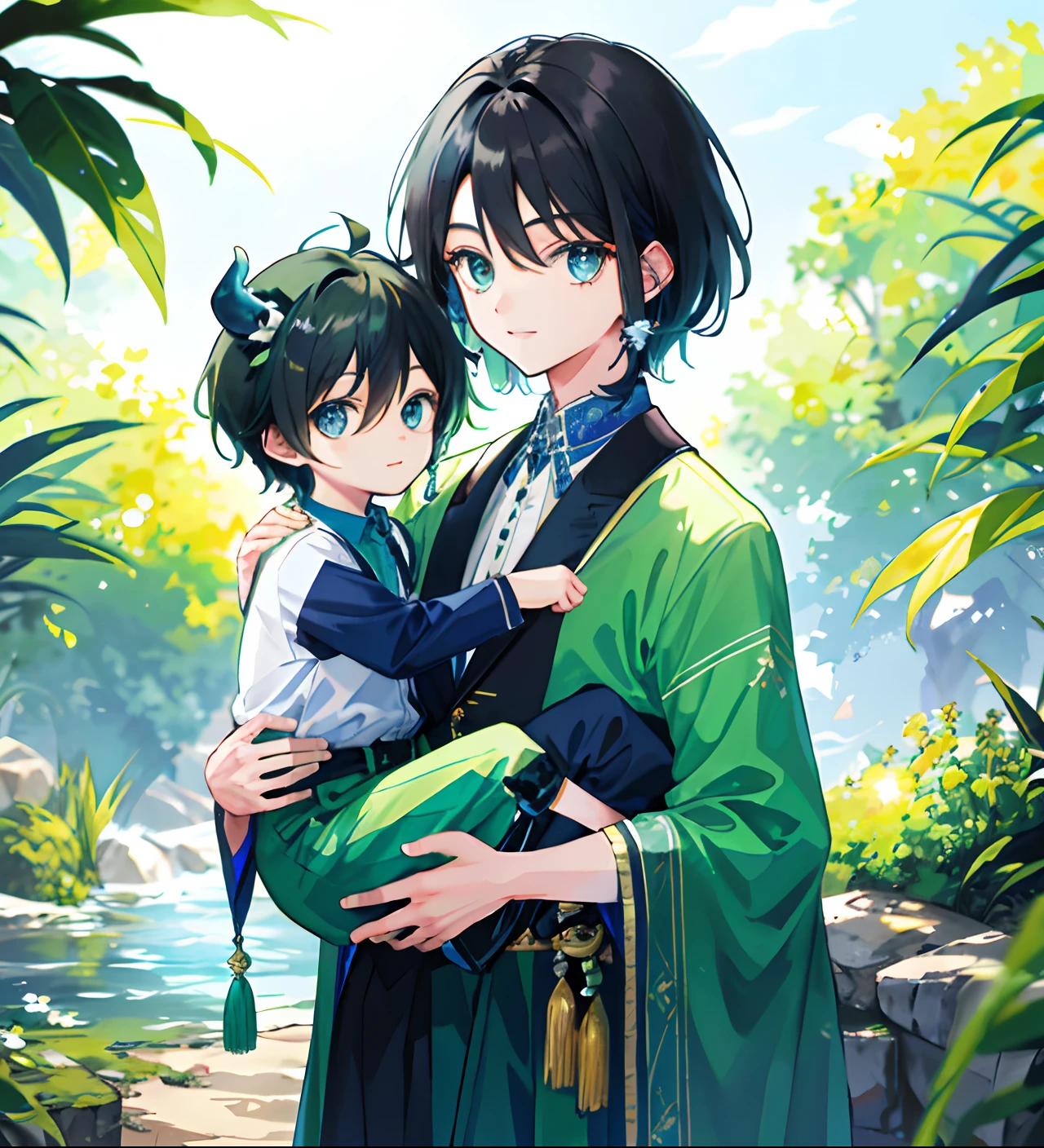 A green cow holds a little boy,The little boy has black hair,blue colored eyes,The cow is a dazzling mythological image