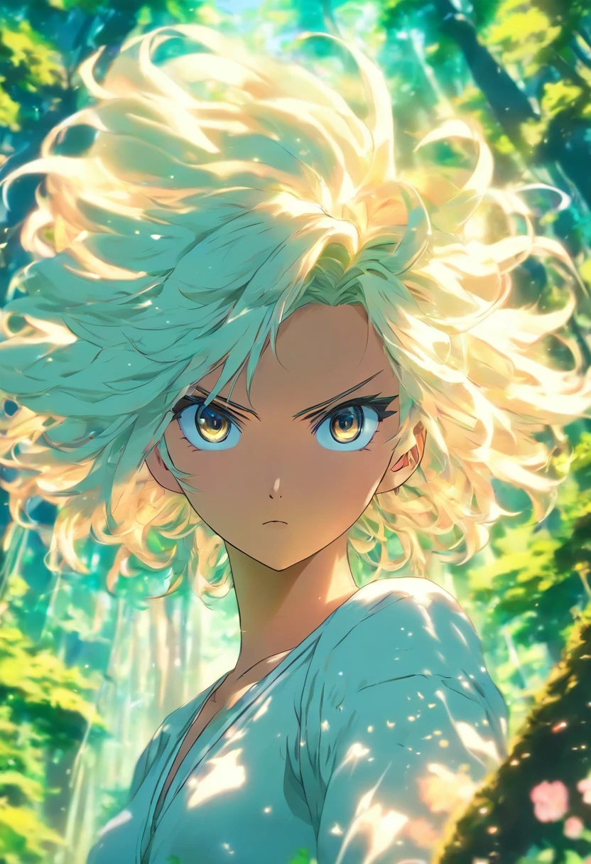 cabelo branco, aventureiro outfit, detalhes altos fundo de floresta