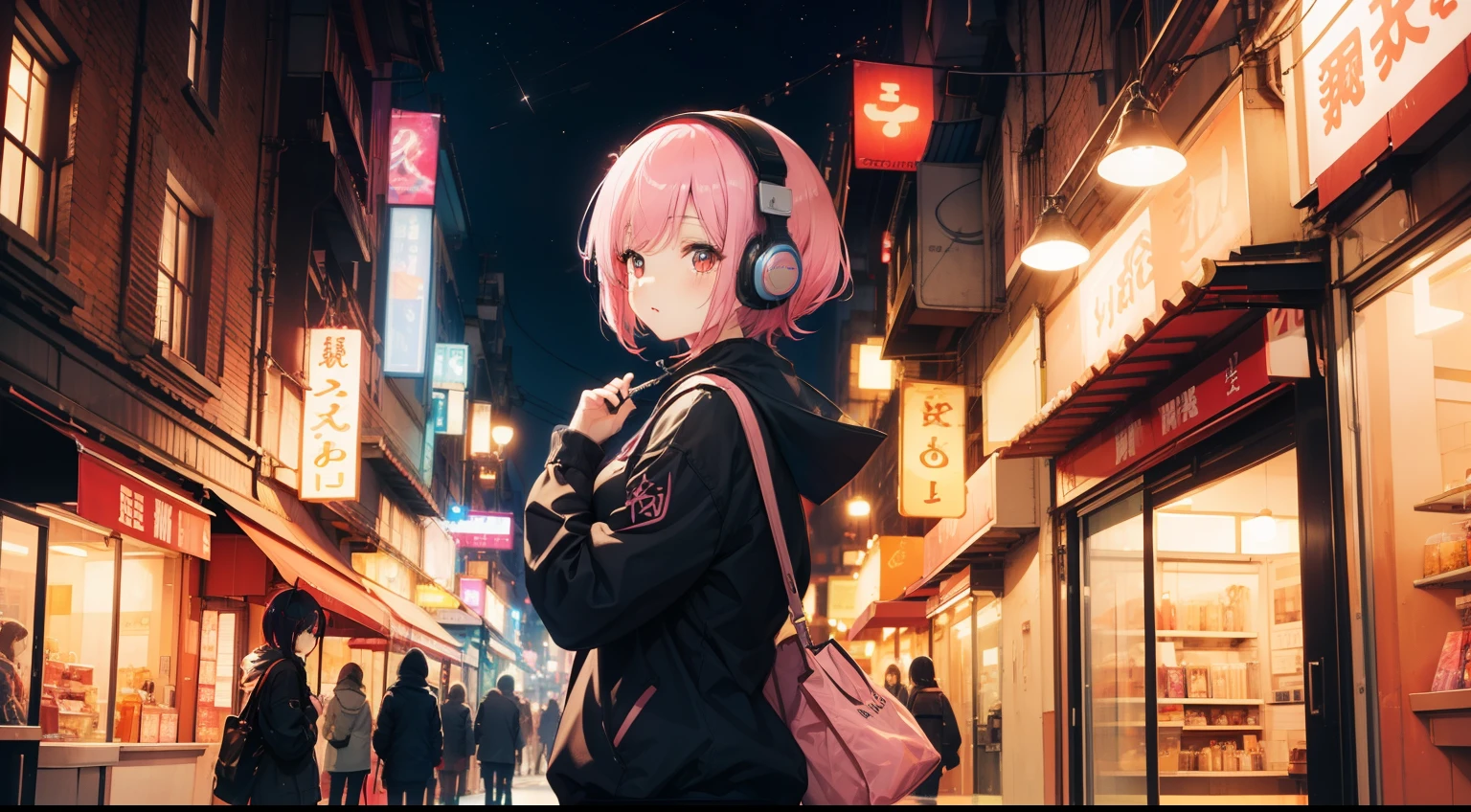 masterpiece、top-quality、Movie stills、1girl in、animesque、pink there Shorthair、singers、illustratio、neat and clean clothes、headphones、kawaii、城市、Neon at night(Spark:0.7)