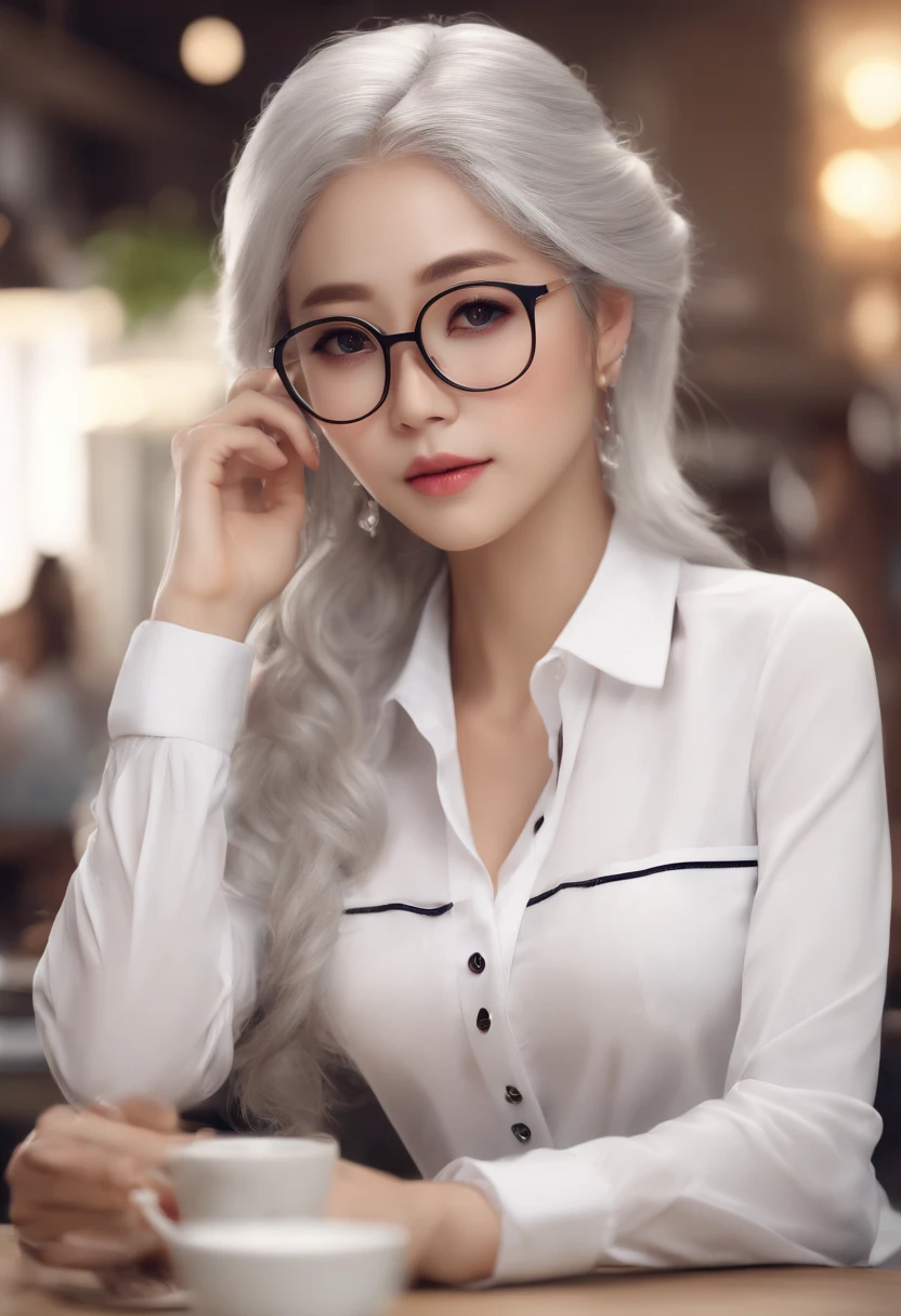 At best....., high-detail, master-piece, ultra-detail, (Realistic:1.2), 1girls, ( Cafe Background),, delicate eyes, silver-haired, purple eyes, Hair ornaments, (Clear Buttons White Tight Office Shirt:1.3),Hair length, light_ear, diadem_braid, expressionless, straight hair, (++ Seated: 1.2), large boobs,lifelike,soft colors,Wear glasses,Japan girls,White Hair