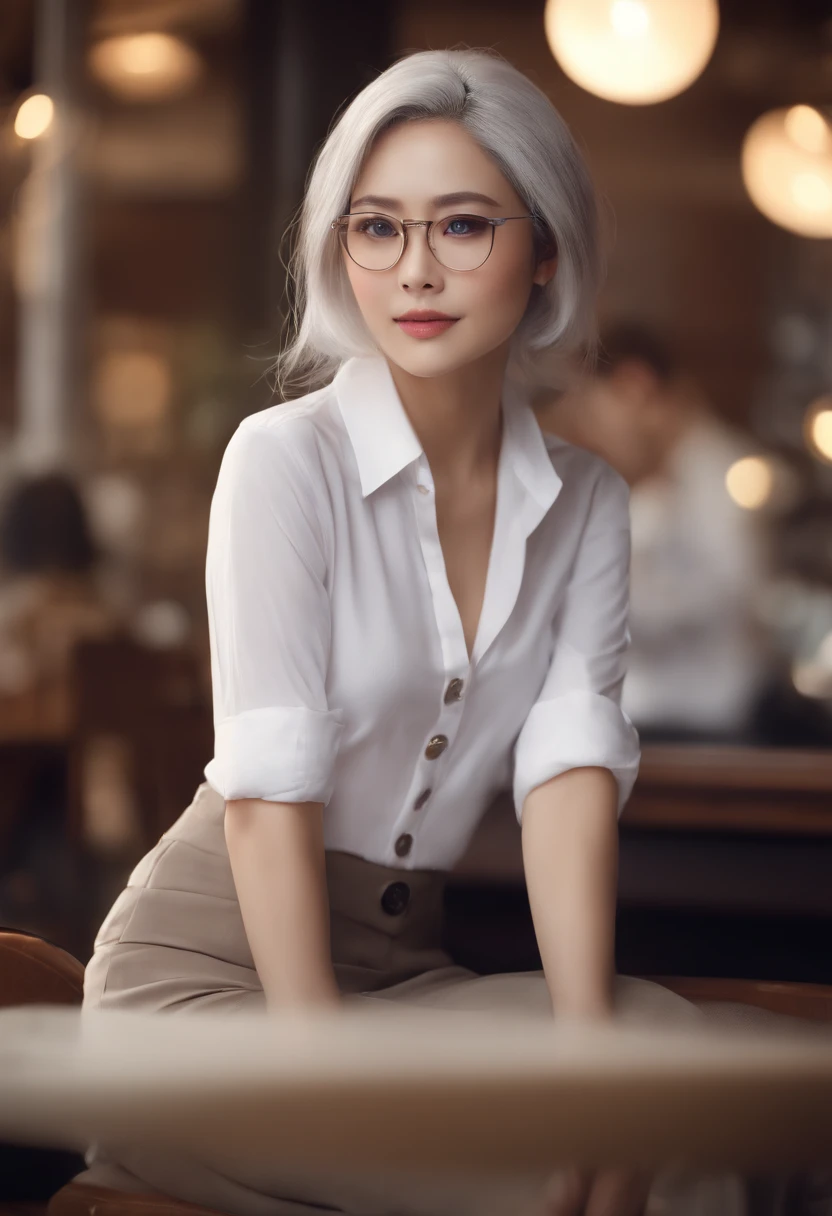 At best....., high-detail, master-piece, ultra-detail, (Realistic:1.2), 1girls, ( Cafe Background),, delicate eyes, silver-haired, purple eyes, Hair ornaments, (Clear Buttons White Tight Office Shirt:1.3),Hair length, light_ear, diadem_braid, expressionless, straight hair, (++ Seated: 1.2), large boobs,lifelike,soft colors,Wear glasses,Japan girls,White Hair