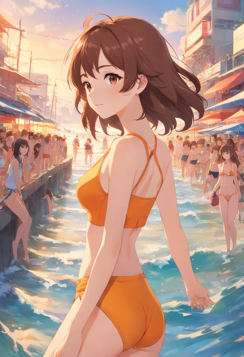 masterpiece, best quality, movie still, (thousands of, crowd of), 100girls, crowd shot, brown hair, long hair, curly hair, hazel eyes, caucasian, decent bust, cute, full body, bikini, beach, matching bikinis, matching hairstyles, matching faces