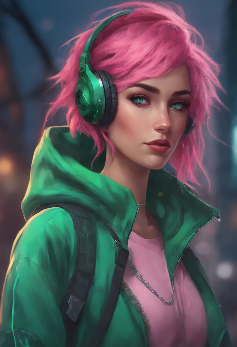 Woman, realistic character, Green hair with pink locks, Blue eyes, Anime, Alone, Modern, Cyberpunk