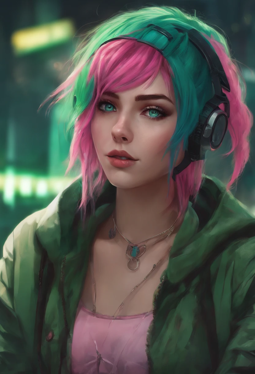Woman, realistic character, Green hair with pink locks, Blue eyes, Anime, Alone, Modern, Cyberpunk