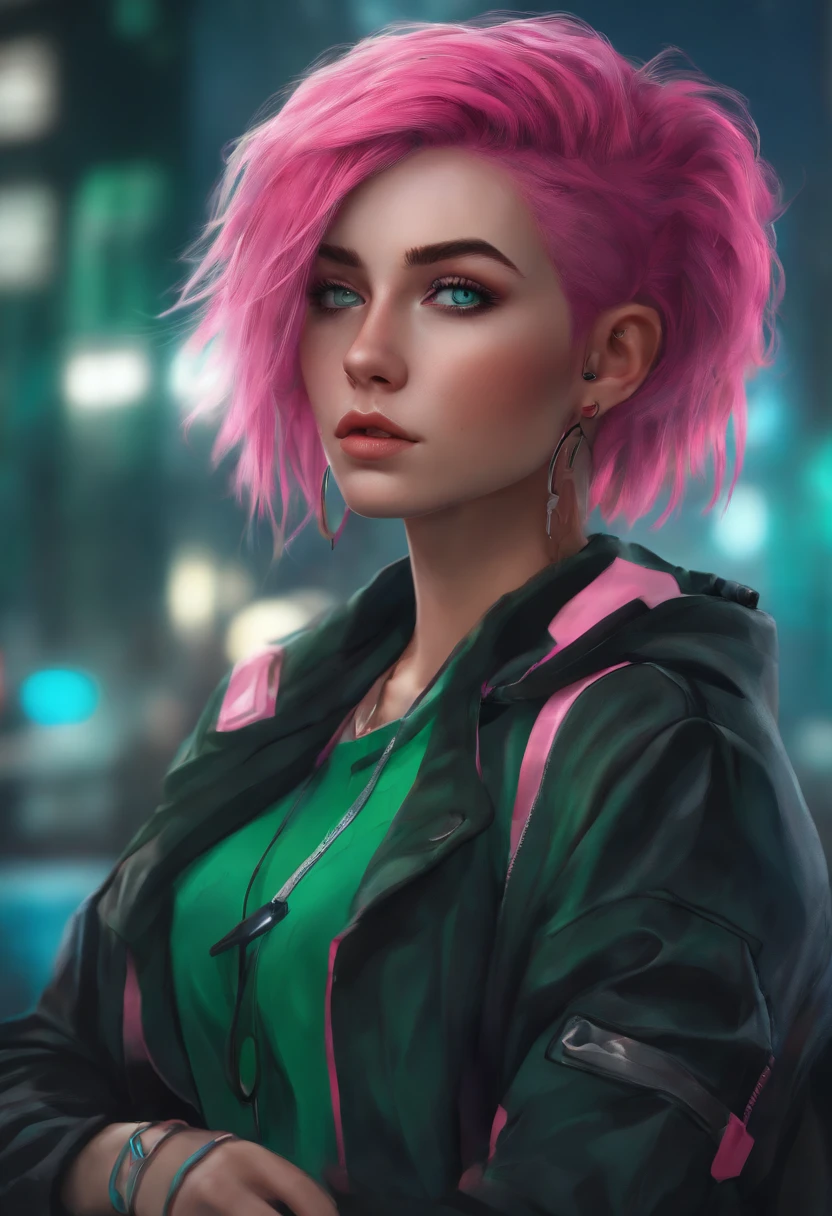 Woman, realistic character, Green hair with pink locks, Blue eyes, Anime, Alone, Modern, Cyberpunk