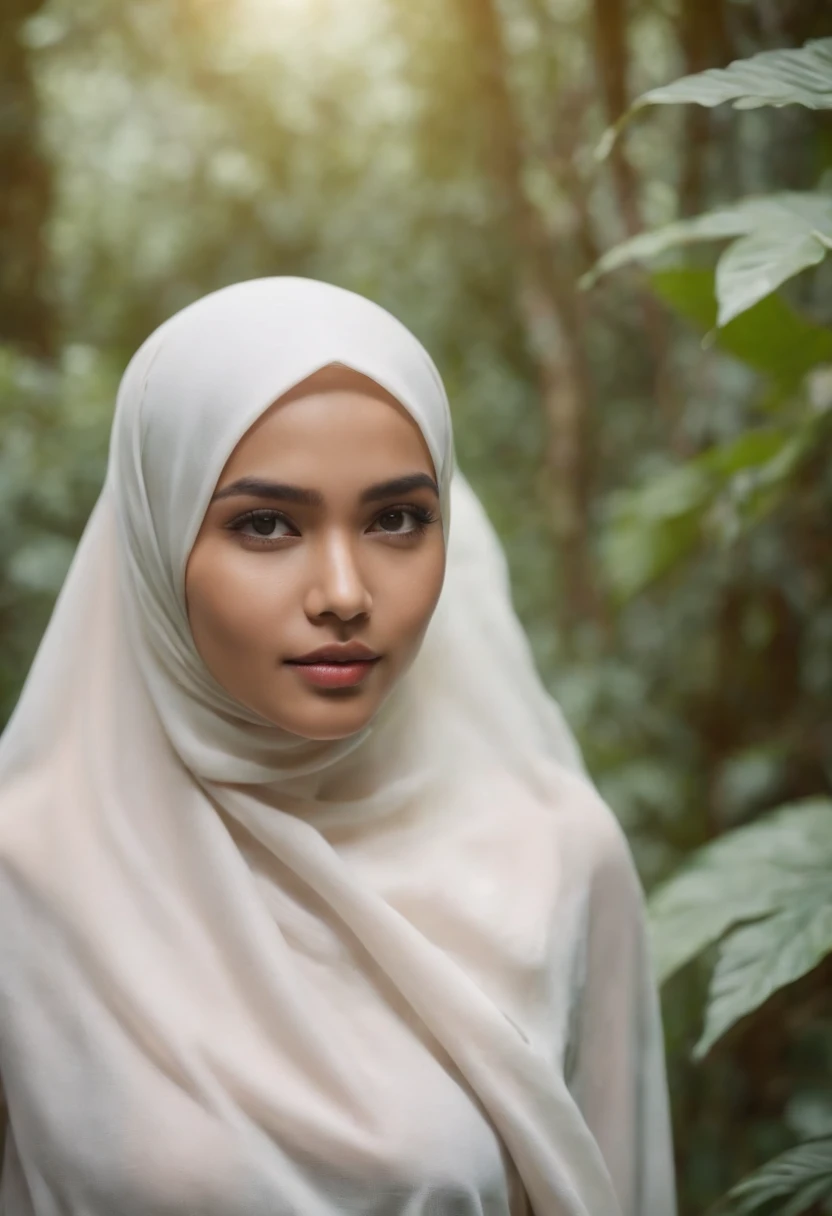 Sexy cute malay girl in hijab wearing underwear walking in jungle