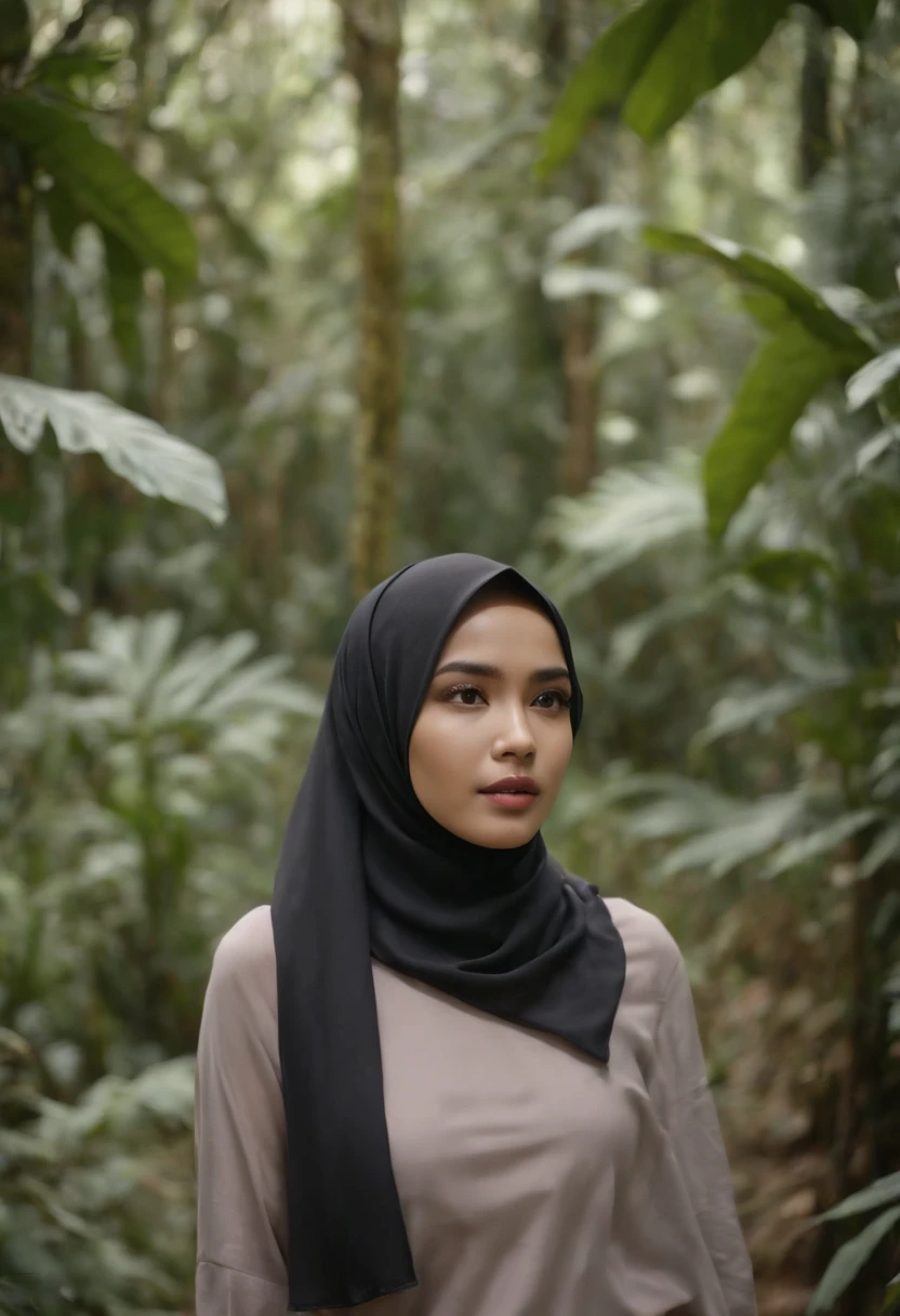 Sexy cute malay girl in hijab wearing underwear walking in jungle