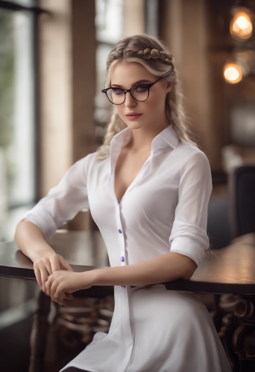 At best......, high-detail, master-piece, ultra-detail, (Realistic:1.2), 1girls, ( Cafe Background),, delicate eyes, silver-haired, purple eyes, Hair ornaments, (Clear Buttons White Tight Office Shirt:1.3),Hair length, light_ear, diadem_braid, expressionless, straight hair, (++ Seated: 1.2), large boobs,lifelike,soft colors,Wear glasses,nude