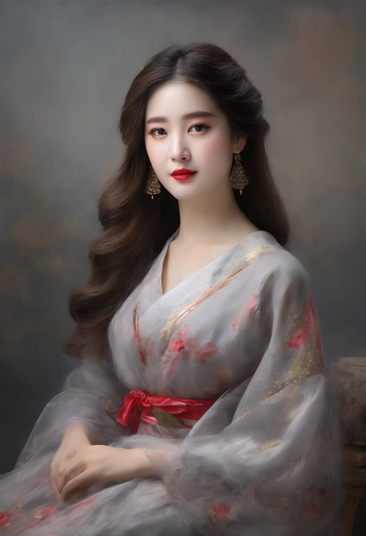 (8K, RAW photo, Best quality, Masterpiece:1.2), (Realistic, photo-realistic:1.37),1girll, Night, Professional lighting, photon maping, Radio City, korean-doll, Traditional long dress, greybackground
