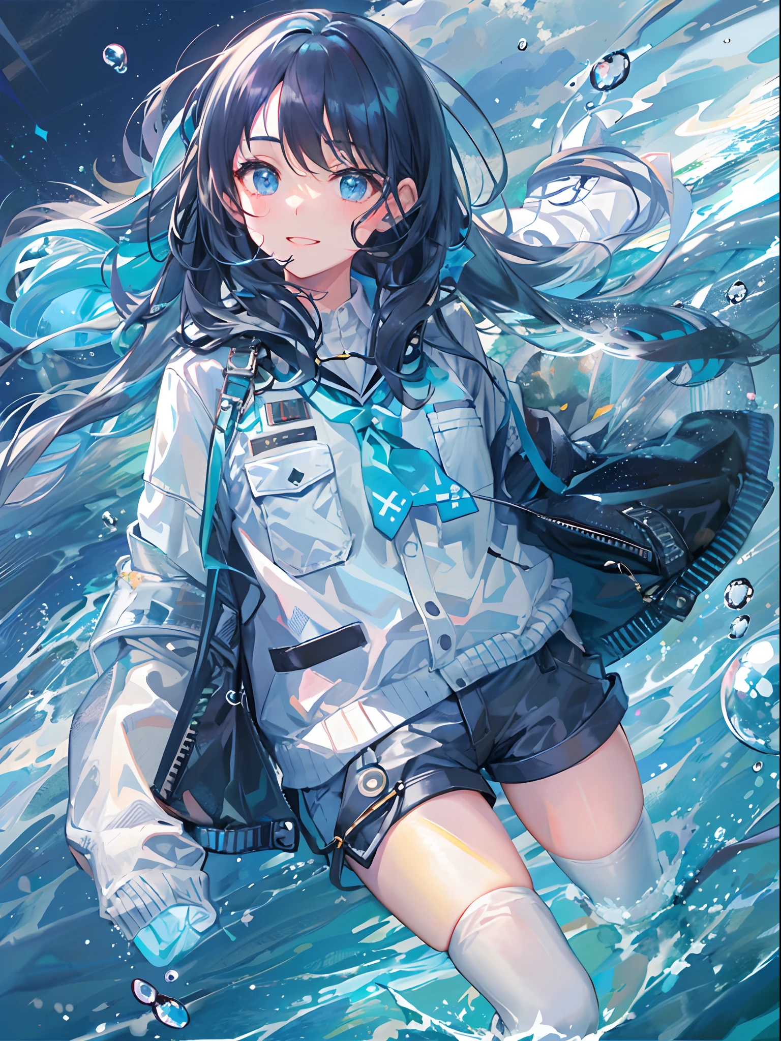 ((top-quality)), ((​masterpiece)), ((ultra-detailliert)), (extremely delicate and beautiful), girl with, 独奏, cold attitude,((Black jacket)),She is very(relax)with  the(Settled down)Looks,A dark-haired, depth of fields,evil smile,Bubble, under the water, Air bubble,bright light blue eyes,Inner color with black hair and light blue tips,Cold background,Bob Hair - Linear Art, shortpants、knee high socks、White uniform like school uniform、Light blue ribbon ties、Clothes are sheer、Hands in pockets、Ponytail hair、