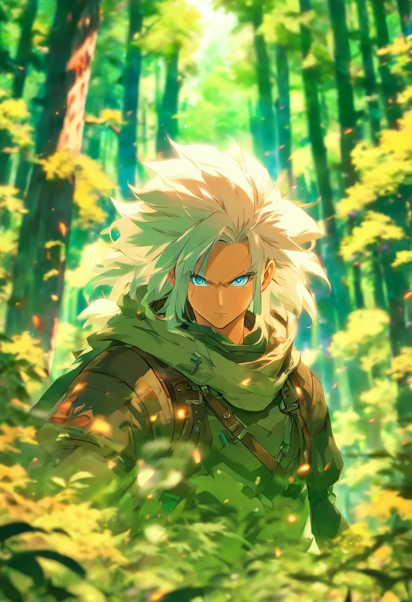 high detailed forest background, adventurer outfit, white hair