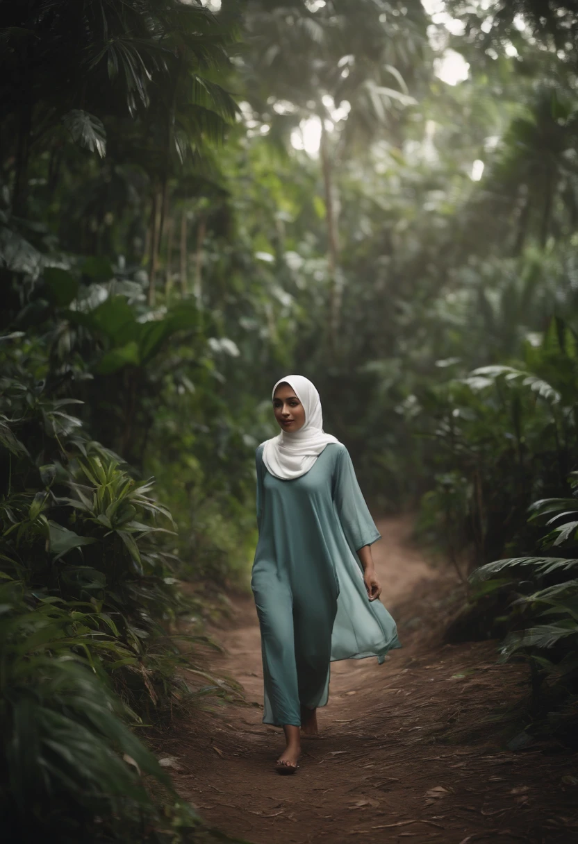 Sexy cute malay girl in hijab wearing underwear walking in jungle