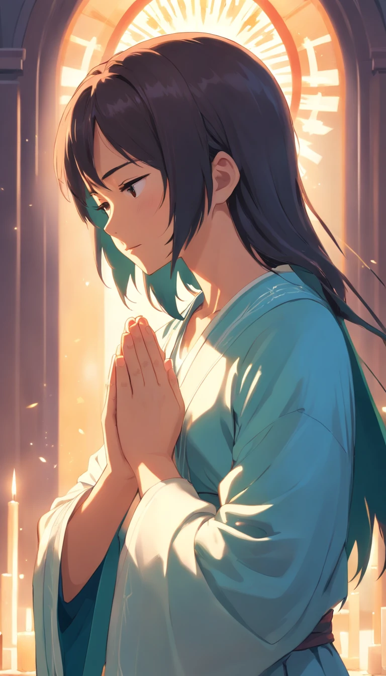 "Criar uma imagem de Jesus no perfil, depicted in the act of prayer with hands clasped."