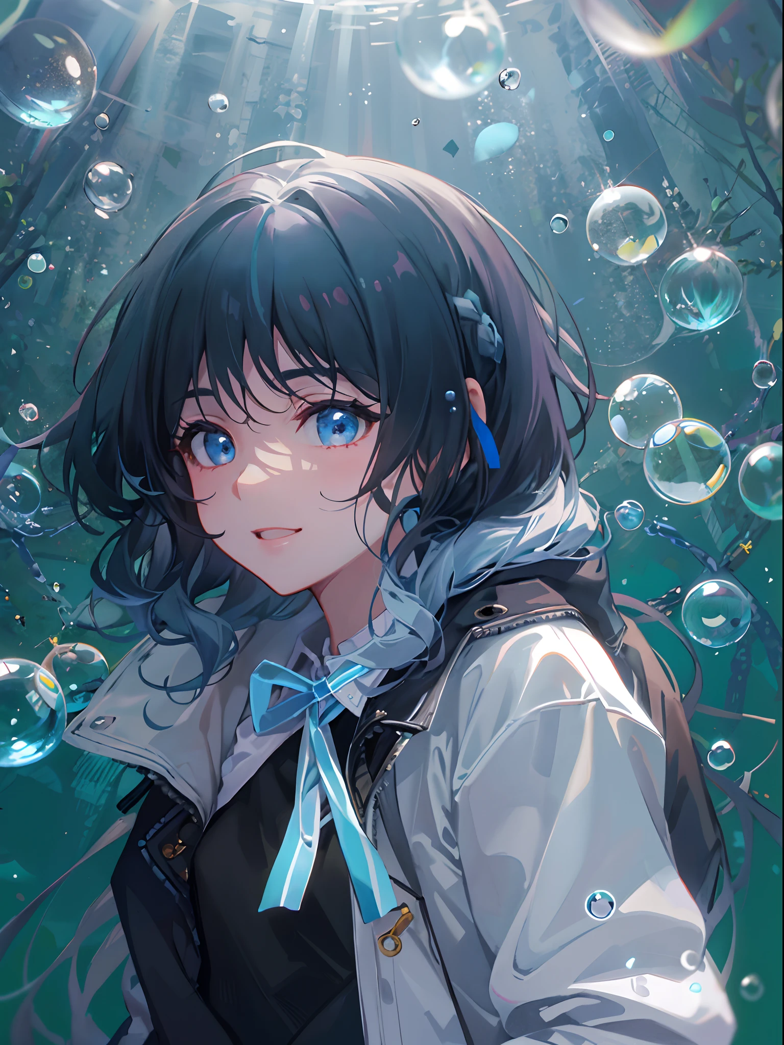 ((top-quality)), ((masterpiece)), ((ultra-detailliert)), (extremely delicate and beautiful), girl with, 独奏, cold attitude,((Black jacket)),She is very(relax)with the(Settled down)Looks,A dark-haired, depth of fields,evil smile,Bubble, under the water, Air bubble,bright light blue eyes,Inner color with black hair and light blue tips,Cold background,Bob Hair - Linear Art, shortpants、knee high socks、White uniform like school uniform、Light blue ribbon ties、Clothes are sheer、Hands in pockets、Ponytail hair、