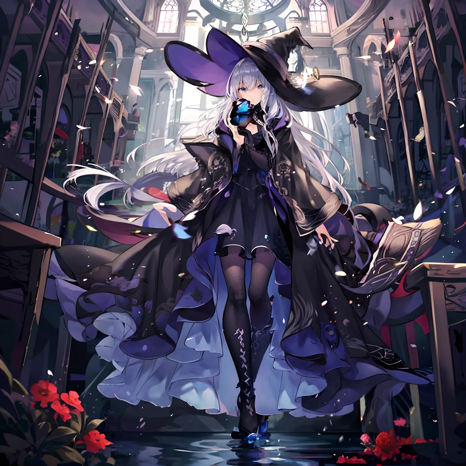 One was wearing a black dress，A woman in a black hat stands in the room, fashionable dark witch, gothic maiden anime girl, dark witch character, Anime fantasy illustration, Anime fantasy artwork, trending on artstation pixiv, astral witch clothes, classical witch, From Arknights, by Yang J, beautiful female witch, Guweiz in Pixiv ArtStation, Dark Witch