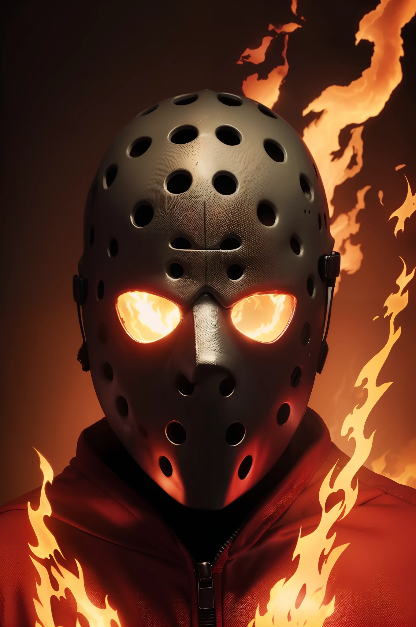 Jason Voorhees with the head on Fire, jason beige color hockey mask, HDR, (((All Head on Fire, Head on Fire, a lot of fire in head))), FXAA, TXAA, 16k, Best Resolution, dark atmosphere, macabre,