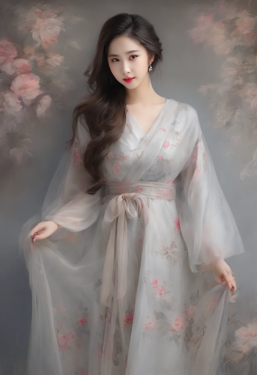 (8K, RAW photo, Best quality, Masterpiece:1.2), (Realistic, photo-realistic:1.37),1girll, Night, Professional lighting, フォトンマッピング, ラジオシティ, korean-doll, Traditional long dress, greybackground