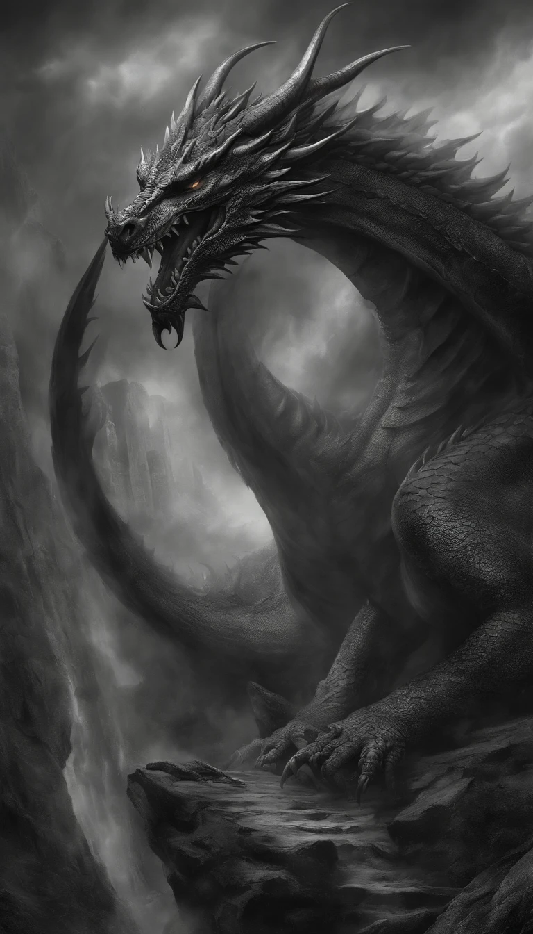 Capture the essence of eternal chaos and impending doom in this masterful graphite rendering by the renowned artist. "Inferno's Majesty: The Malevolent Dragon" is a visual symphony of darkness and despair, a haunting portrayal of a world on the brink of destruction. The heart of the composition is the malevolent dragon, a creature of unfathomable power and malevolence. Its sinewy body coils like a stormy tempest, every graphite stroke emphasizing its strength and dominance. The dragon's eyes burn with an otherworldly fire, a sinister glow that pierces the very soul of those who dare to meet its gaze. Its teeth, sharp as obsidian blades, drip with a venomous anticipation. As the dragon rears back, its colossal wings unfurl like the tattered remnants of a fallen kingdom, casting an ominous shadow over the scorched earth below. The skies are choked with smoke and ash, a testament to the devastation that follows in its wake. But amidst the chaos, a once-mighty citadel stands, now a crumbling bastion of resistance against the dragon's reign of terror. Flames lick at its walls, devouring the grandeur that once defined this majestic fortress. The juxtaposition of the dragon's menacing presence and the fragile beauty of the burning citadel serves as a poignant reminder of the fragility of power and the inevitable march of time. The artist's meticulous use of graphite allows for a stunning interplay of light and shadow, lending depth and texture to every stroke. The viewer is transported to a realm where fear and awe collide, where the sinister dance of the dragon and the flames is frozen in an eternal moment of chaos. "Inferno's Majesty: The Malevolent Dragon" is more than a mere artwork; it is an experience that beckons the audience to contemplate the eternal struggle between destruction and resilience, power and vulnerability. The artist's deft hand and keen eye have crafted a masterpiece that will forever haunt the viewer's imagination, a testament to the timeless a