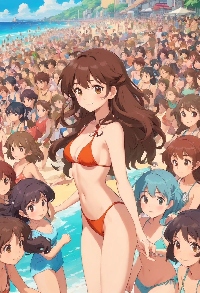 masterpiece, best quality, (thousands of, crowd of), 100girls, crowd shot, brown hair, long hair, curly hair, hazel eyes, caucasian, decent bust, cute, full body, bikini, beach, matching bikinis, matching hairstyles, matching faces, girls close together