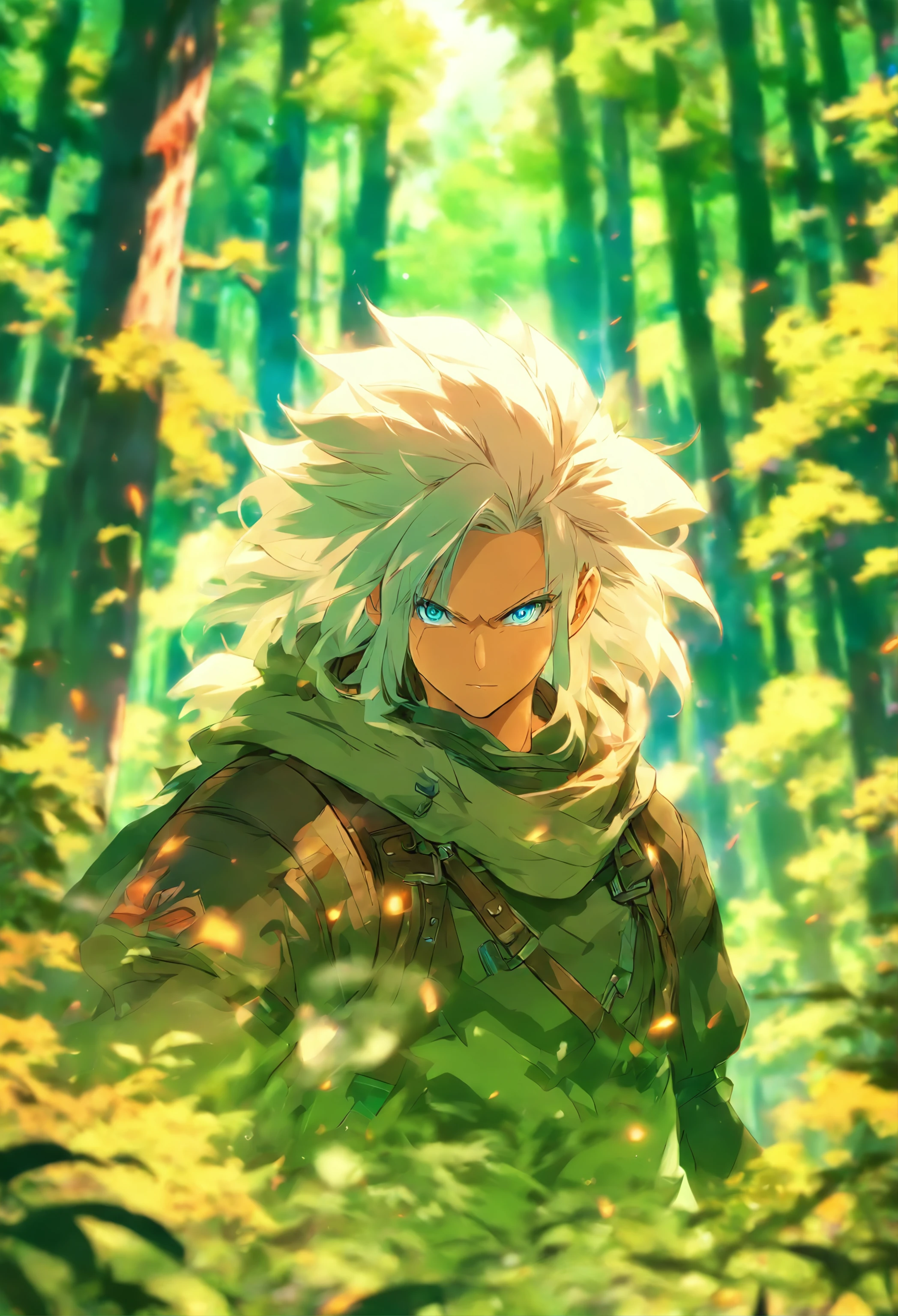 high detailed forest background, adventurer outfit, white hair