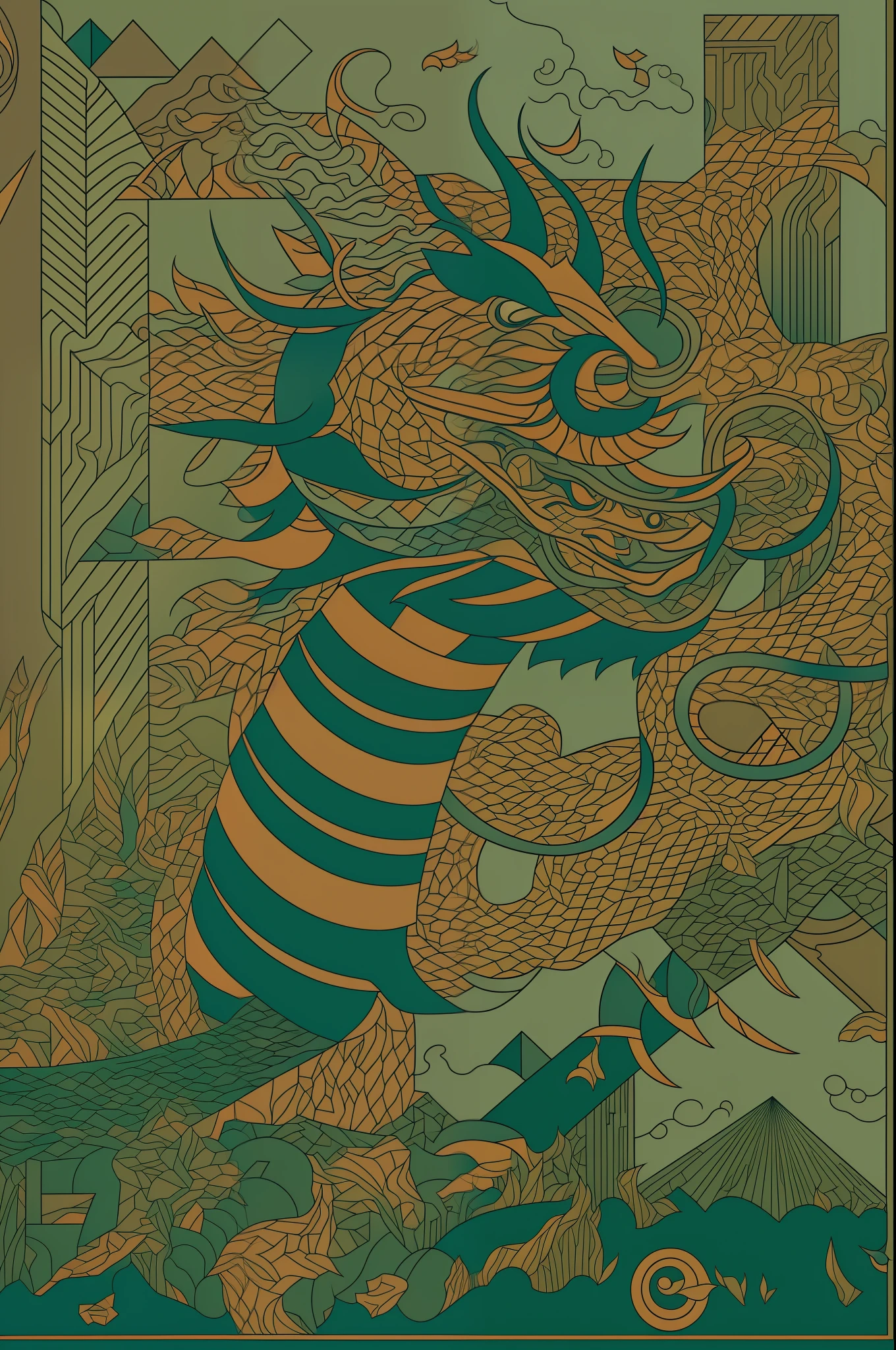 abstracted, Flat illustration, geometric shapes, Chinese Dragon, Memphis, Adobe Illustrator Art