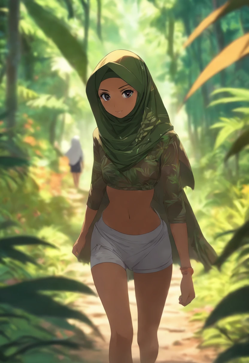 Sexy cute malay girl in hijab wearing underwear walking in jungle