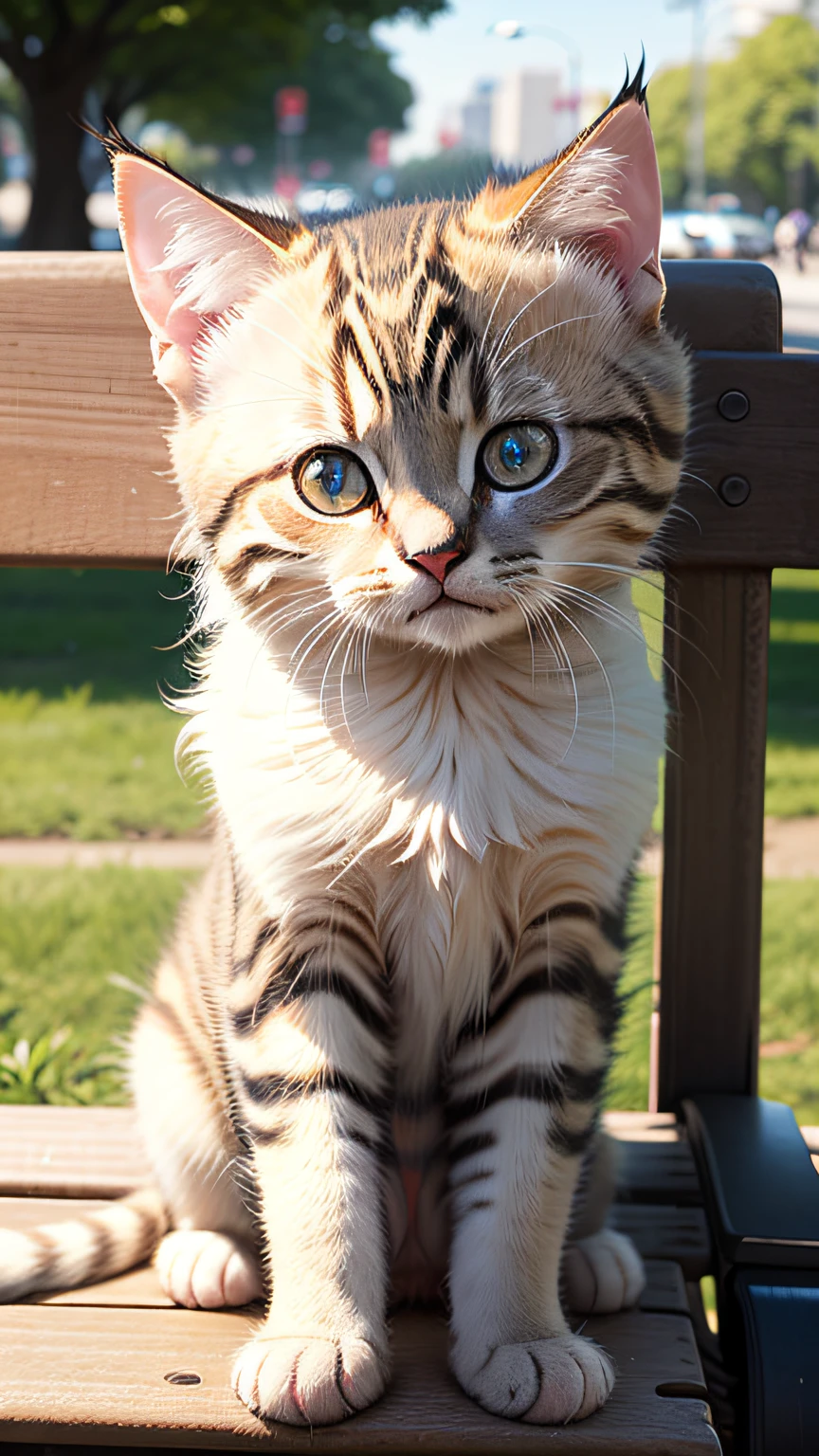 A cute kitten lying on a park bench,Fine eyes。