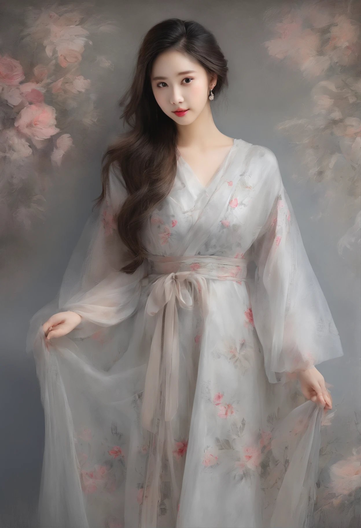(8K, RAW photo, Best quality, Masterpiece:1.2), (Realistic, photo-realistic:1.37),1girll, ht, Professional lighting, photon maping, Radio City, korean-doll, Traditional long dress, greybackground